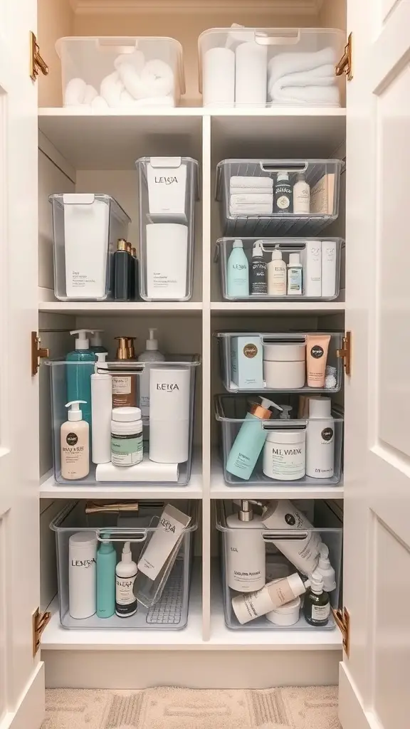 25+ Bathroom Closet Organization Ideas You’ll Love 2 Organized bathroom closet with clear storage bins holding toiletries and towels.