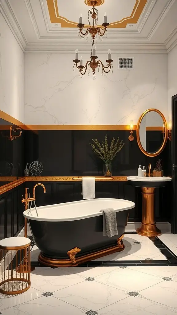 27+ Stunning Two-Tone Wall Paint Ideas to Transform Your Bathroom 2 A luxurious bathroom featuring black walls and gold accents, with a freestanding bathtub and elegant chandelier.