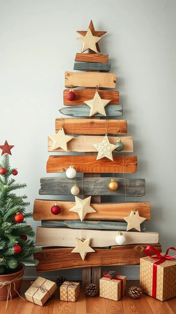 A reclaimed wood Christmas tree decorated with stars and ornaments, surrounded by gifts and a small green tree.
