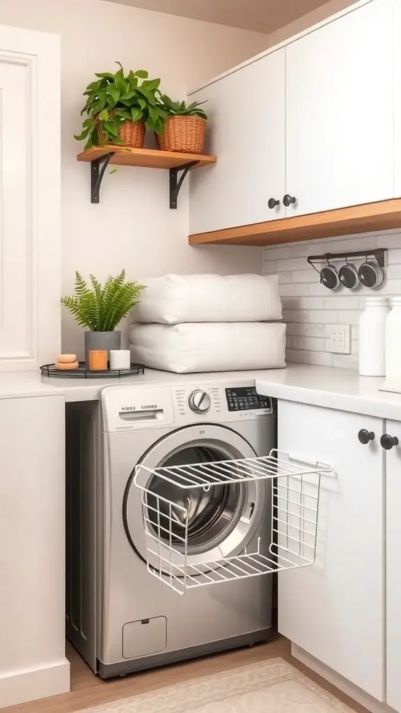 A small laundry room featuring a washing machine with a pull-out drying rack, plants on a shelf, and neatly stacked towels.