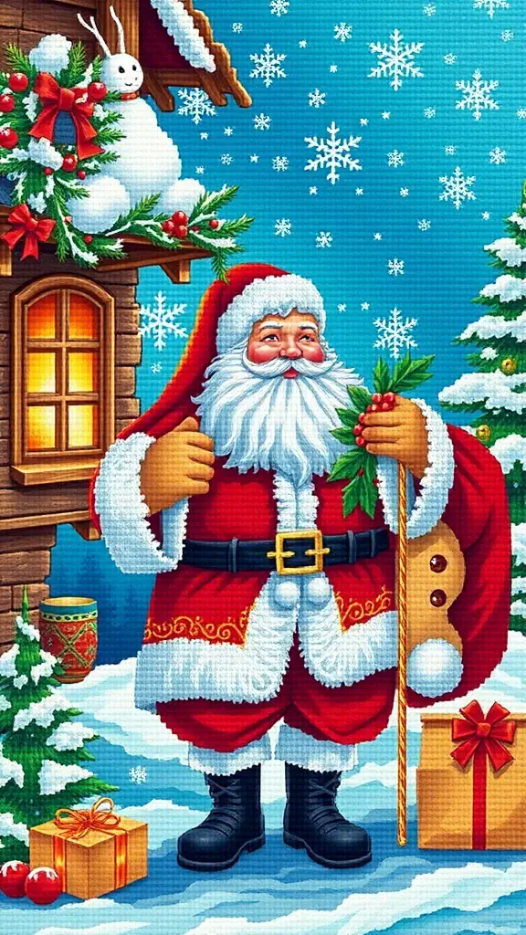 27+ Festive Christmas Cross Stitch Patterns to Brighten Your Holiday Season 5 Classic Santa Claus design in a snowy landscape with gifts and a snowman