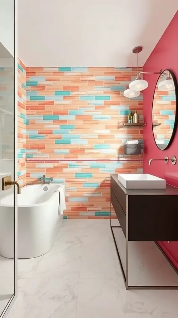 25+ Stunning Master Bath Ideas to Transform Your Space 7 A vibrant master bath featuring a bold accent wall with coral and turquoise tiles, a modern bathtub, and stylish fixtures.