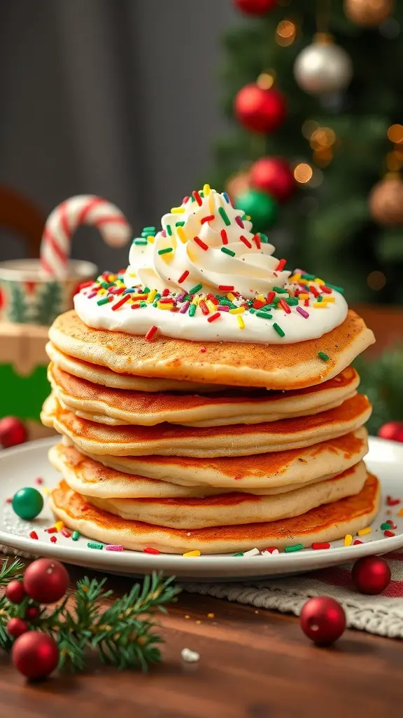 23+ Creative Christmas Breakfast Ideas That Kids Will Love 6 A tall stack of pancakes topped with whipped cream and colorful sprinkles, surrounded by festive decorations.