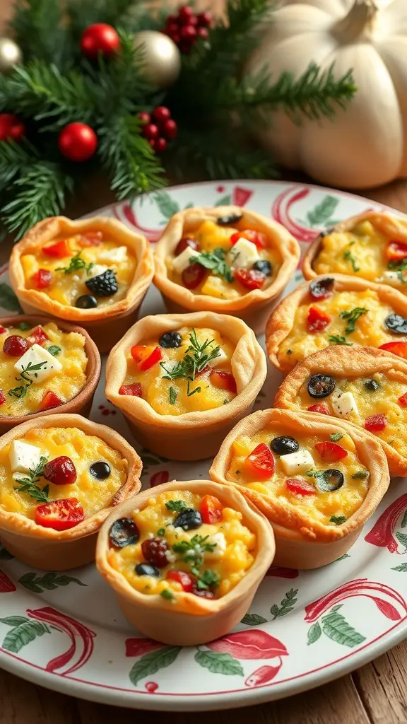 A platter of mini quiches with seasonal ingredients, surrounded by festive decorations.