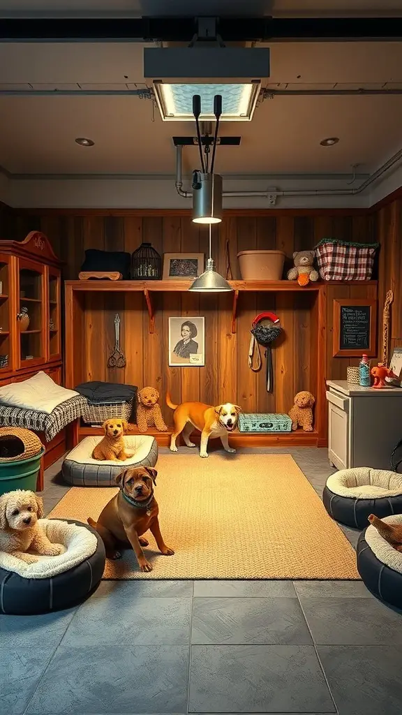23+ Creative Garage Conversion Ideas for Your Home 14 A cozy garage converted into a pet retreat with dogs lounging on beds and playful decor.