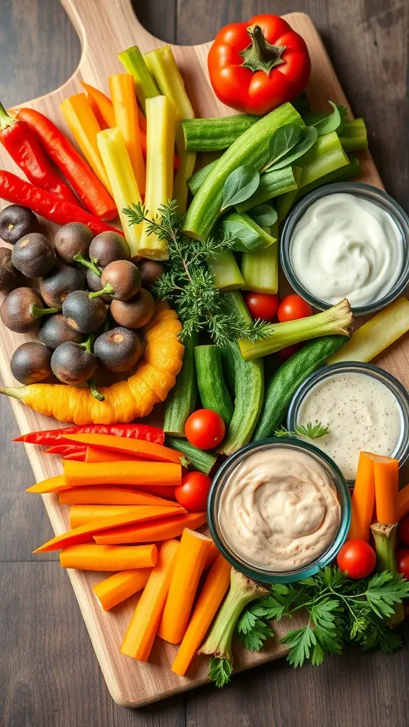 A colorful harvest vegetable platter with various fresh vegetables and dips on a wooden board.