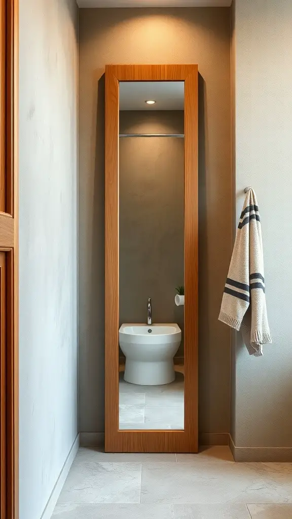 29+ Stunning Vertical Mirror Ideas to Transform Your Narrow Bathroom 2 A tall vertical mirror with a natural wood frame in a narrow bathroom.