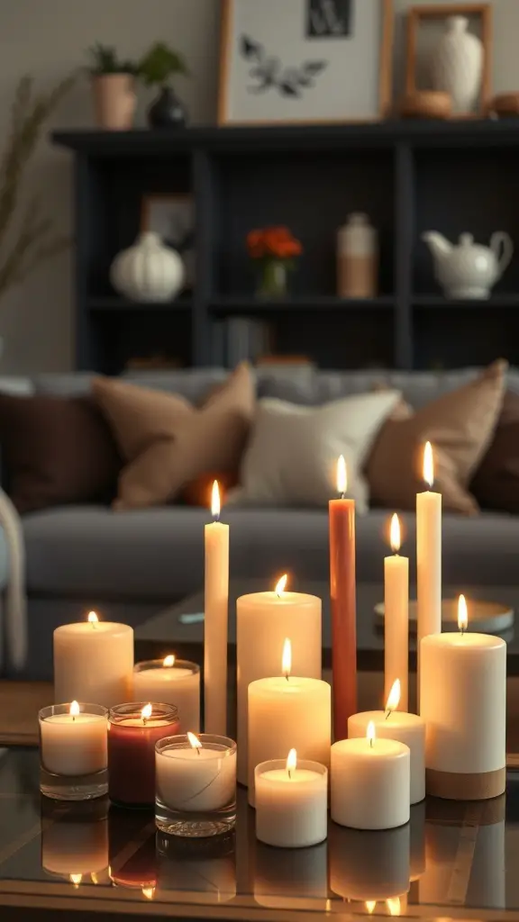 A cozy living room with various candles lit on a table, creating a warm glow.