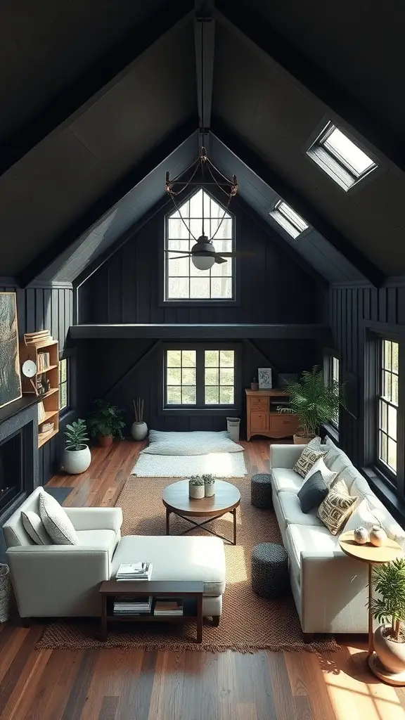 25+ Stunning Black Barndominium Designs You’ll Love 11 A stylish loft space in a black barndominium featuring high ceilings, large windows, and cozy furniture.