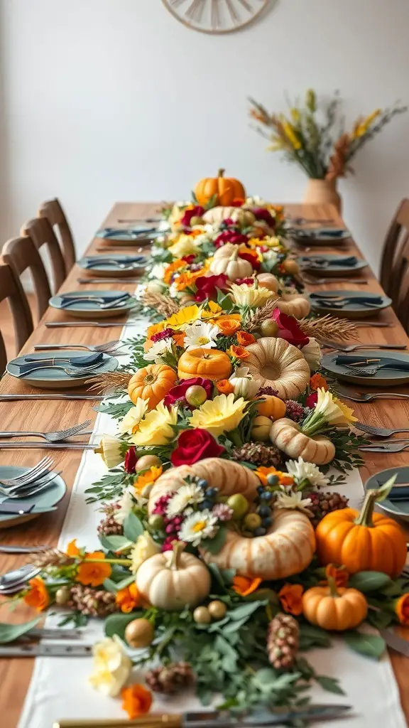 A beautifully arranged Thanksgiving table runner featuring colorful flowers and small pumpkins on a wooden table.