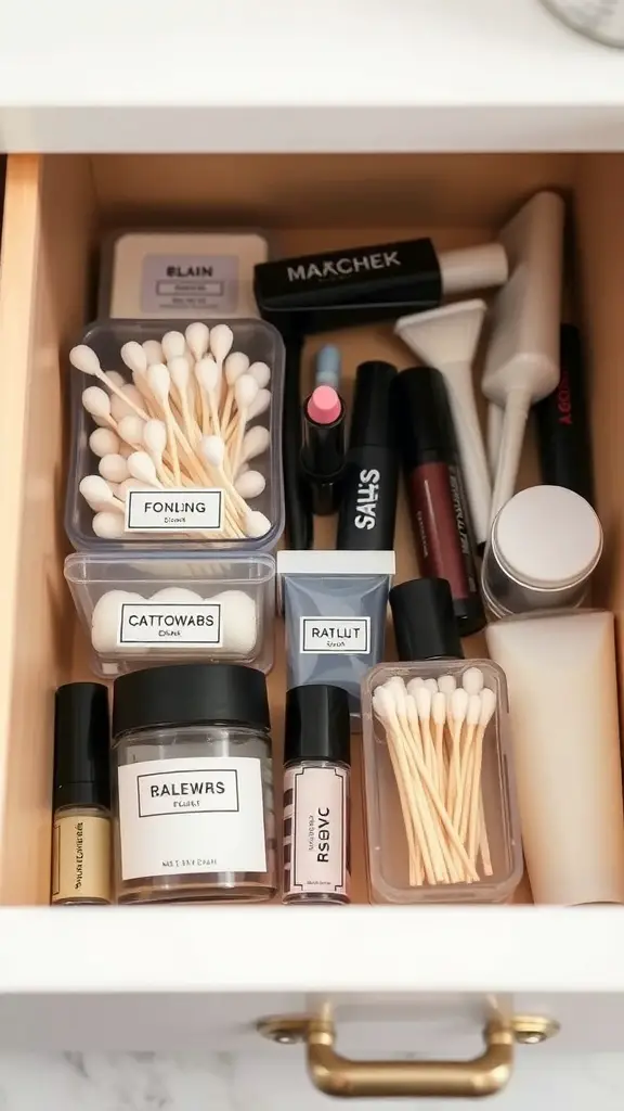 25+ Must-Try Minimalist Bathroom Organization Ideas 2 A neatly organized bathroom drawer with labeled containers for various items.