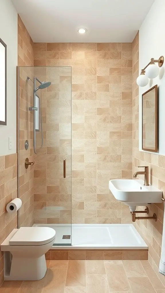 23+ Chic Neutral Toned Bathroom Ideas for a Serene Space 8 A modern bathroom featuring warm taupe accent tiles, a glass shower, and sleek fixtures.