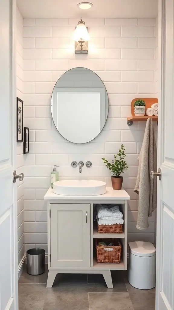 29+ Stunning Bathroom Vanity Ideas You’ll Love 2 Compact bathroom vanity with round mirror and light-colored cabinetry