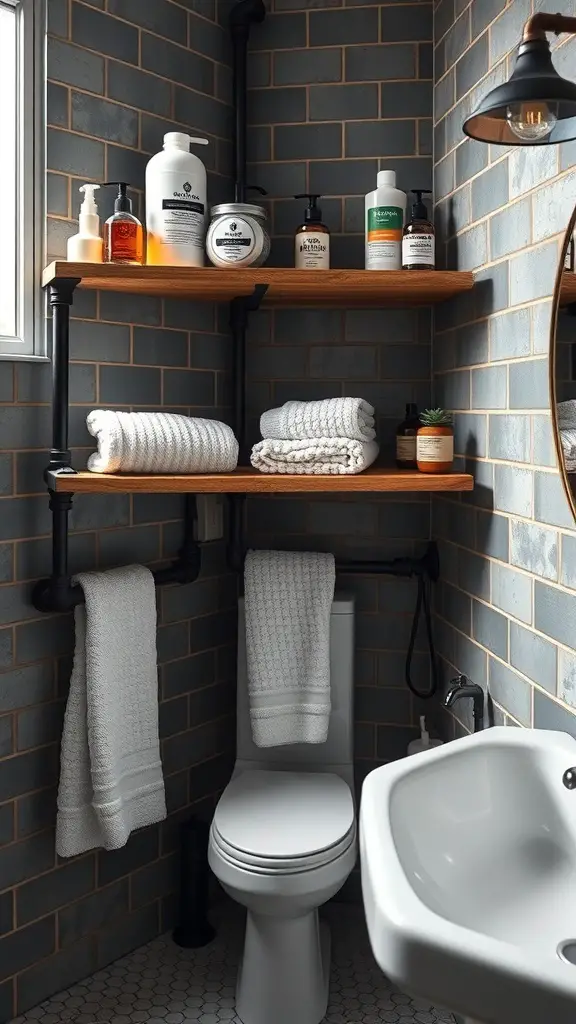 Industrial pipe shelves in a rustic bathroom with toiletries and towels.