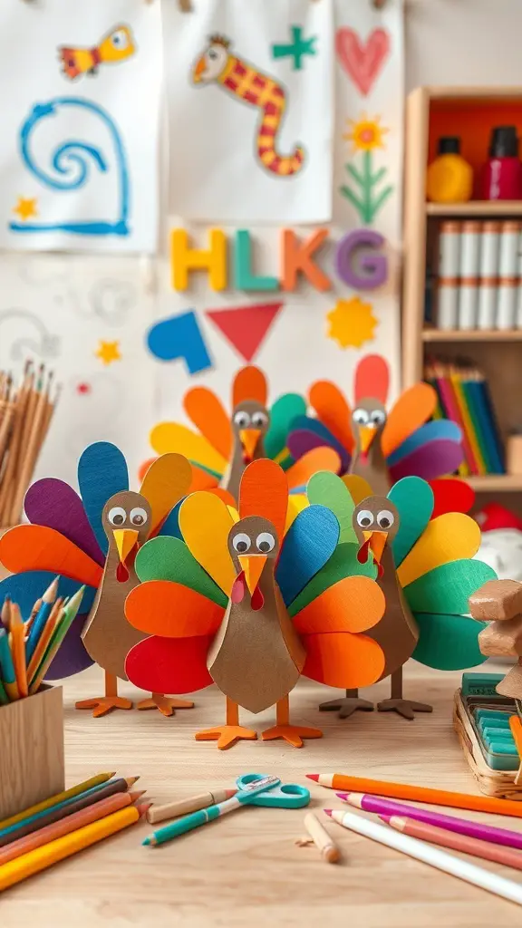 Colorful paper turkeys made from craft paper, displayed on a table with art supplies.