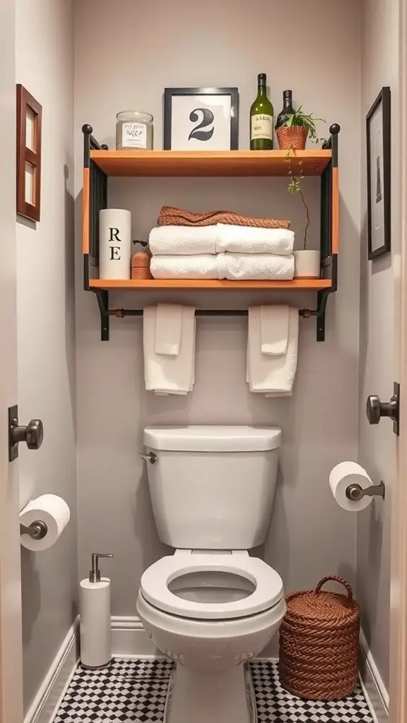 27+ Creative Bathroom Vanity Storage Ideas for an Organized Space 2 Stylish over-the-toilet storage with wooden shelves, towels, and decorative items.