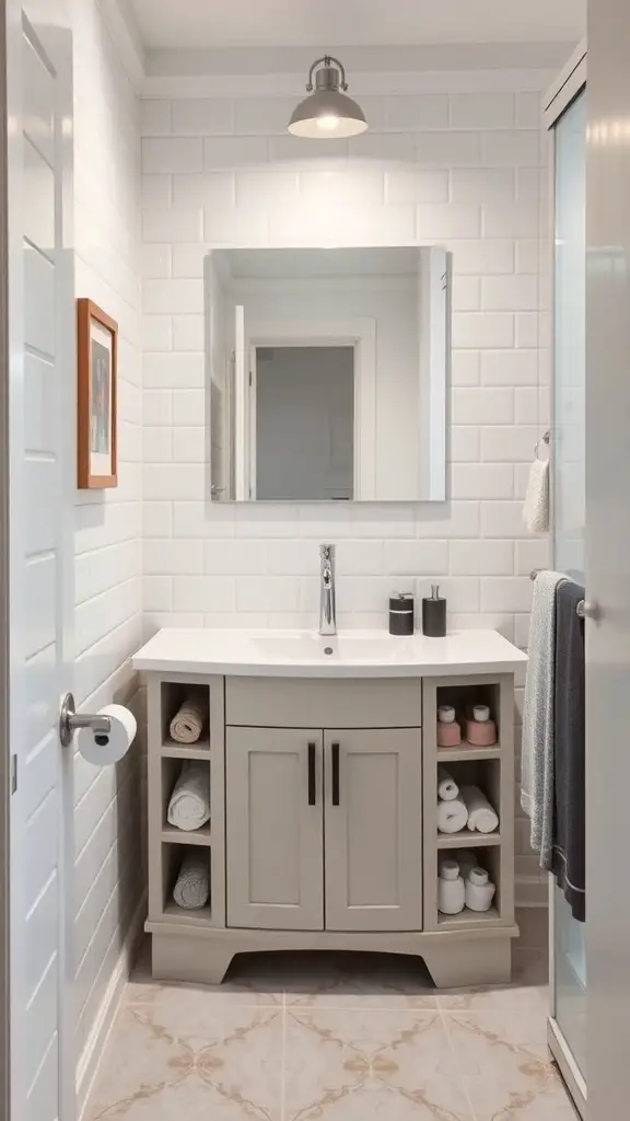 Compact corner vanity in a small bathroom with white tiles and a mirror