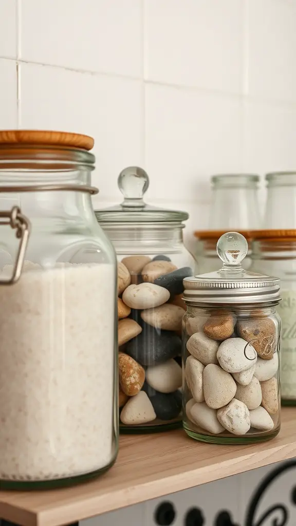 29+ Inspiring Boho Bathroom Shelf Decor Ideas to Transform Your Space 2 A collection of vintage glass jars filled with decorative stones and bath salts on a bathroom shelf.