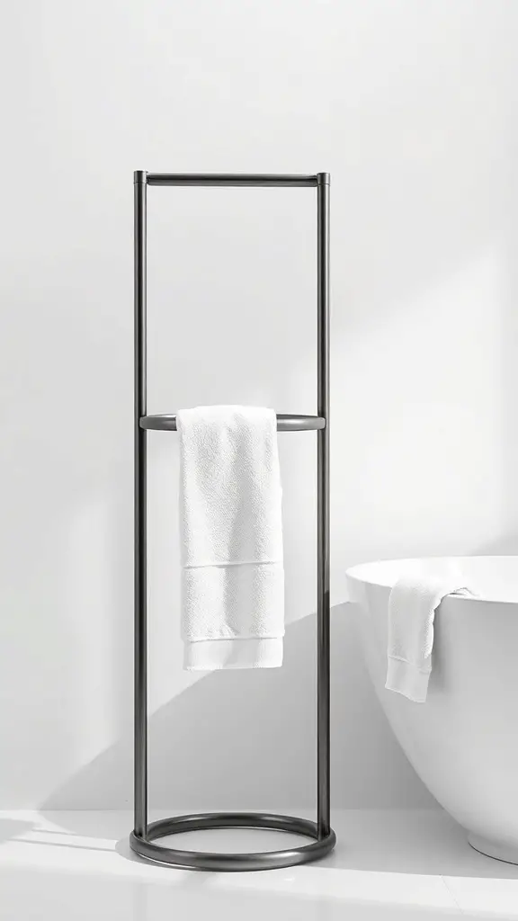 23+ Stylish Bathroom Towel Rack Ideas You’ll Love 2 A modern freestanding towel stand with a white towel hanging on it, set against a minimalist bathroom backdrop.