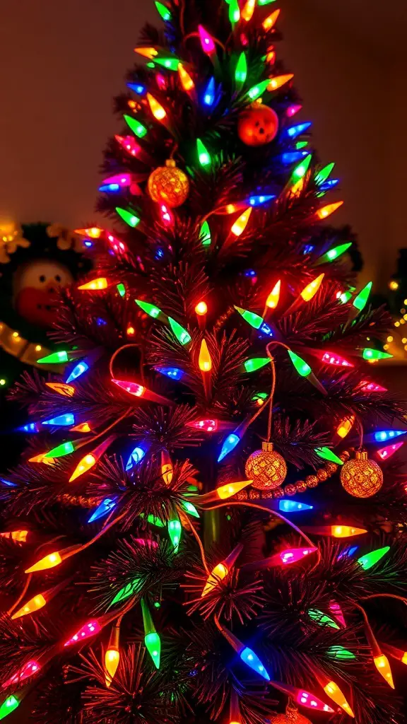 25+ Creative Nightmare Before Christmas Tree Ideas for Holiday Magic 9 A Christmas tree decorated with colorful holiday lights in red, green, blue, and yellow.