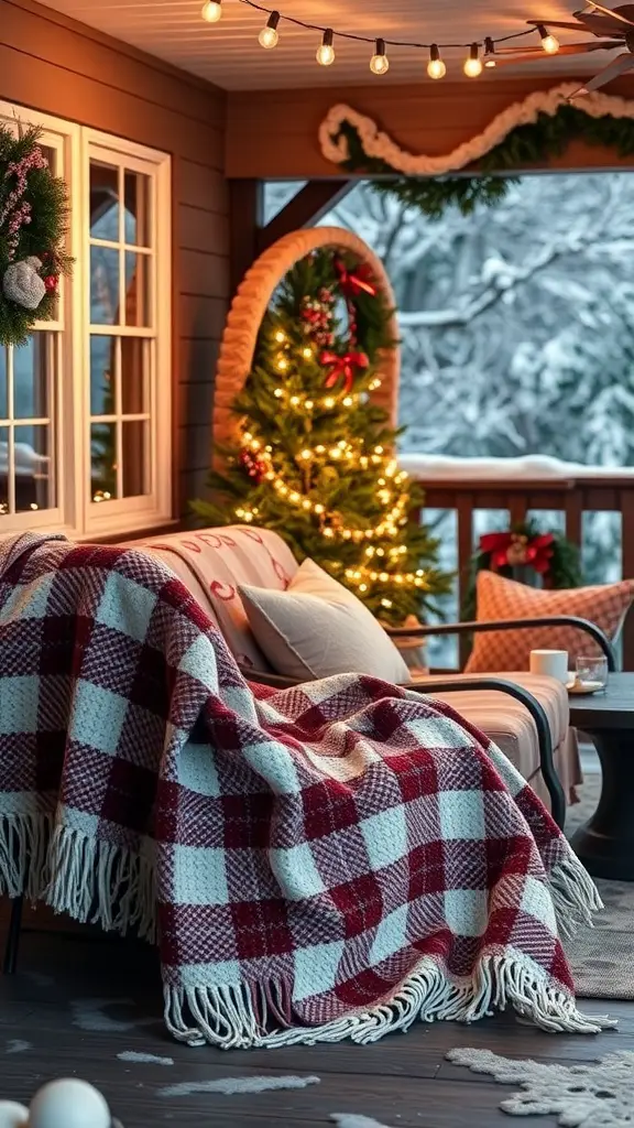 A cozy patio scene featuring a plaid blanket on a chair, with a Christmas tree and festive decorations.