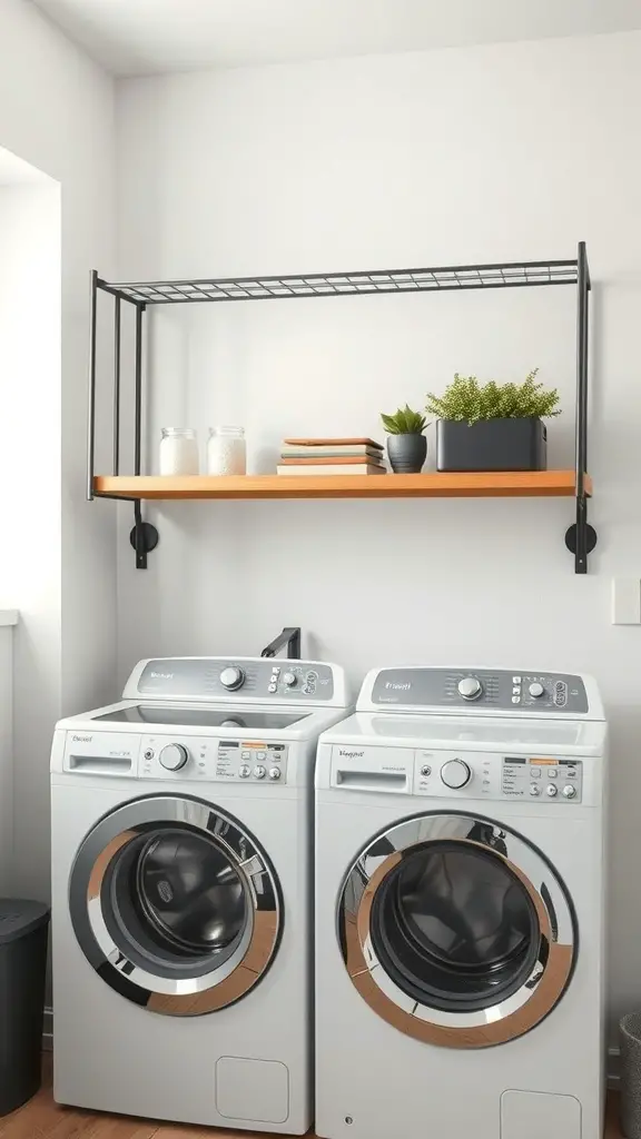 27+ Creative Over Washer and Dryer Shelf Ideas for a Stylish Laundry Room 2 Metal industrial shelf above a washer and dryer with plants and books