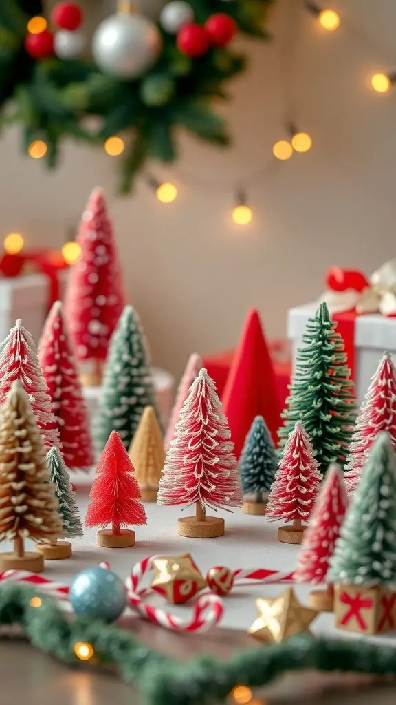 A festive display of colorful miniature Christmas trees surrounded by holiday decorations.