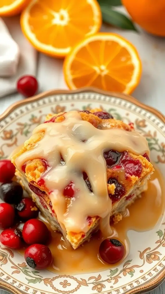 25+ Delicious Thanksgiving Desserts Perfect for a Crowd 4 A slice of cranberry orange bread pudding drizzled with glaze, surrounded by fresh cranberries and orange slices.