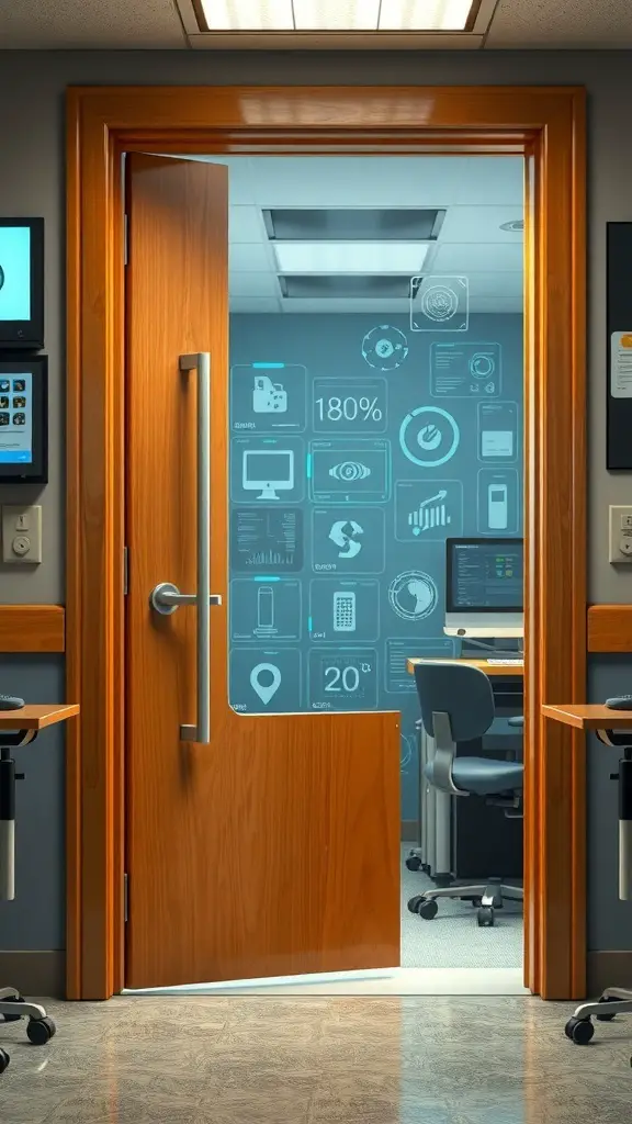 A modern classroom door leading into a tech-inspired space with digital graphics on the wall.