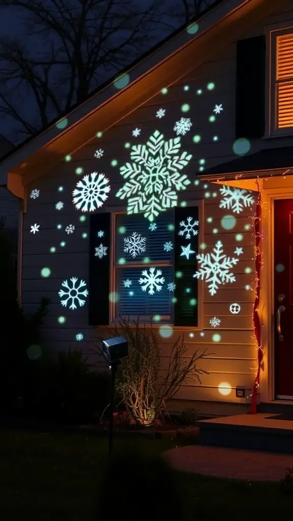A house decorated with snowflake patterns projected onto its exterior