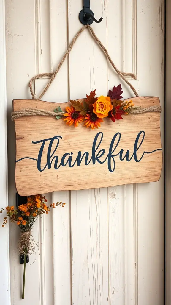Wooden 'Thankful' sign with autumn flowers hanging on a door