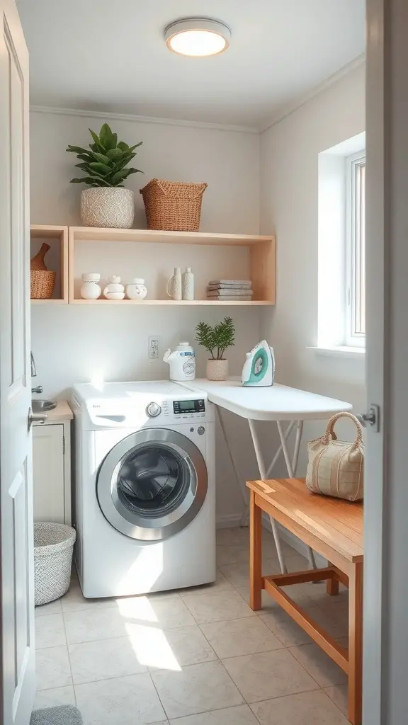 A small laundry room featuring a washing machine, folding table, storage bench, and decorative plants.