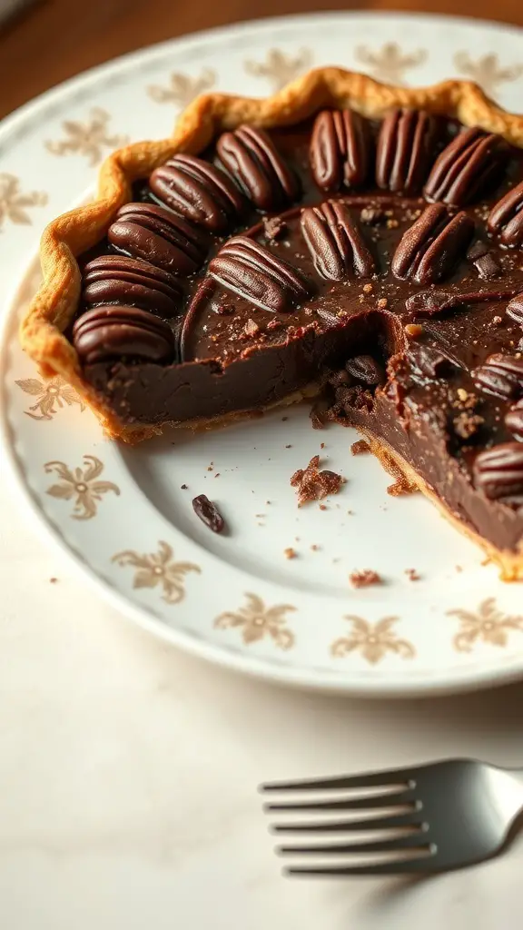 27+ Delightful Thanksgiving Desserts You Need to Try 2 A slice of Chocolate Bourbon Pecan Pie with pecans on top, sitting on a decorative plate.