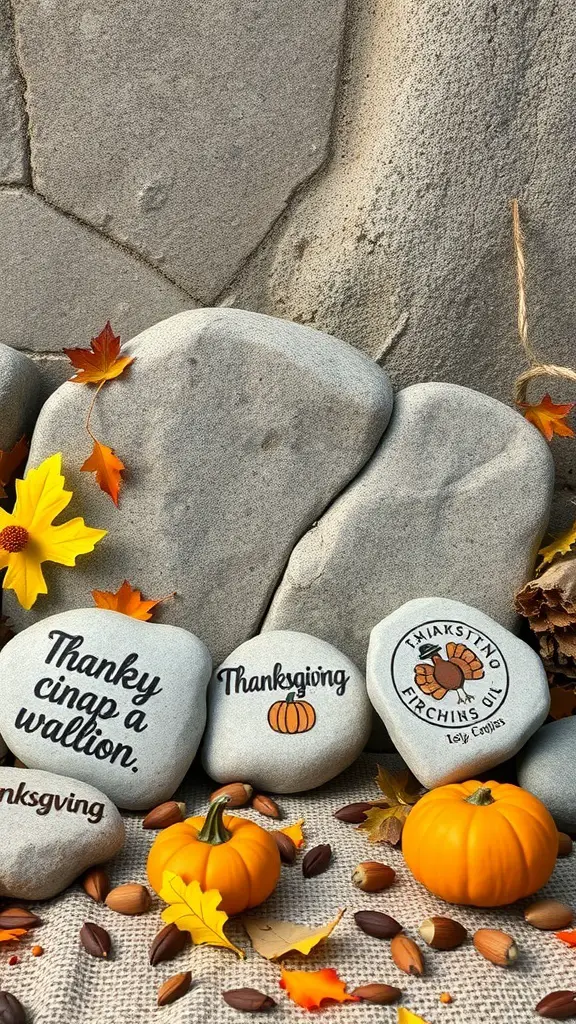 25+ Fun Thanksgiving Crafts for Toddlers to Create Together 13 Decorated stones with Thanksgiving themes, including pumpkins and autumn leaves.