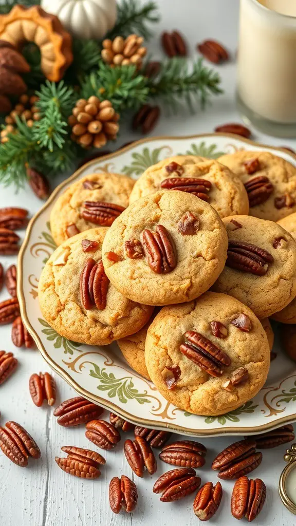 A plate of pecan pie cookies surrounded by pecans and festive decorations.