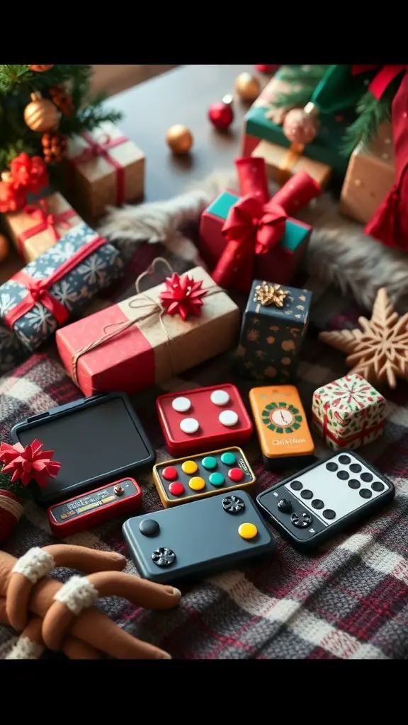 29+ Creative Christmas Stocking Ideas to Delight Everyone 4 A collection of travel-sized games arranged among Christmas gifts.