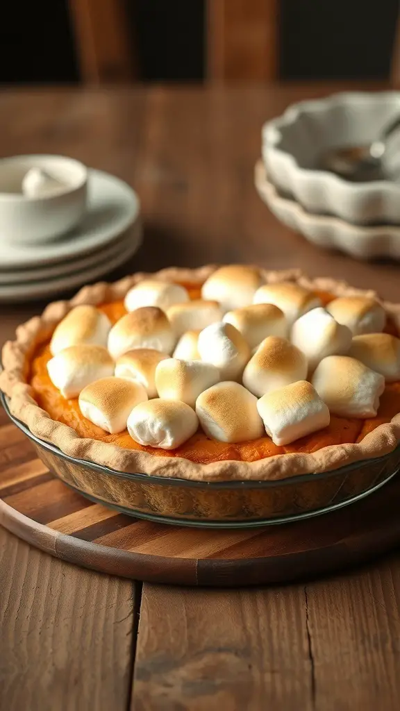25+ Delicious Thanksgiving Desserts Perfect for a Crowd 2 A delicious sweet potato pie topped with toasted marshmallows on a wooden table.