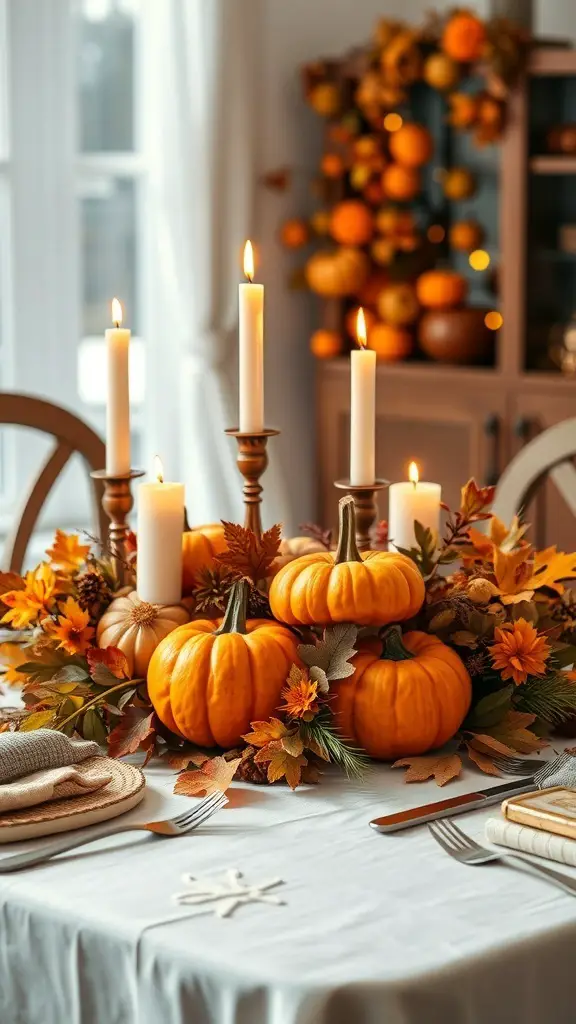 25+ Creative Thanksgiving Crafts for Adults 2 A Thanksgiving table centerpiece featuring pumpkins, candles, and autumn leaves.
