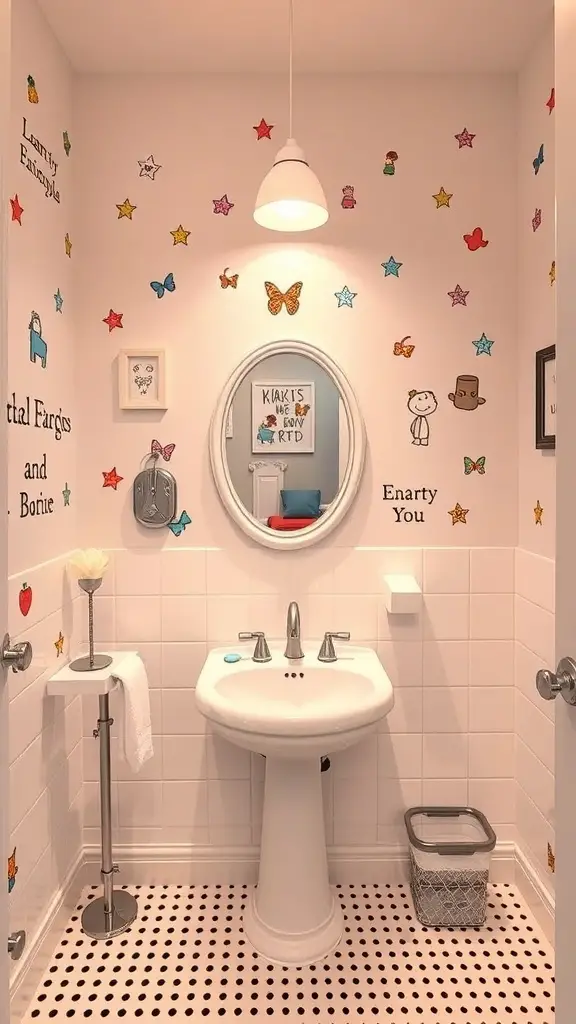 29+ Stylish Small Bathroom Mirror Ideas to Elevate Your Space 9 A small bathroom with colorful wall decals and a round mirror.