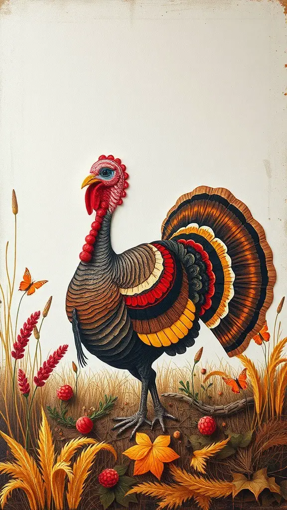 27+ Creative Turkey Crafts for Adults to Celebrate Thanksgiving 2 A colorful turkey wall art piece with intricate details and autumn elements.