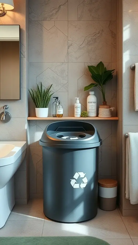 A modern multi-compartment recycling bin in a stylish bathroom setting.