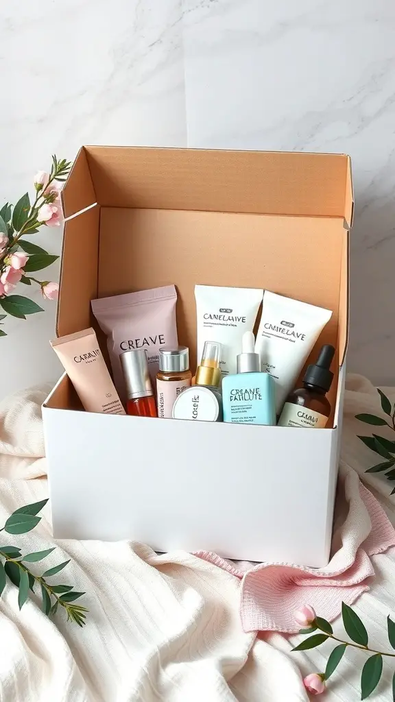 A subscription box filled with various skincare products on a soft fabric background.
