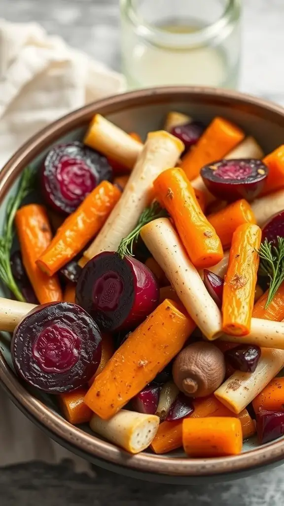29+ Must-Try Thanksgiving Vegetable Sides for Your Holiday Feast 2 A bowl of roasted root vegetables including carrots, beets, and parsnips, garnished with herbs.