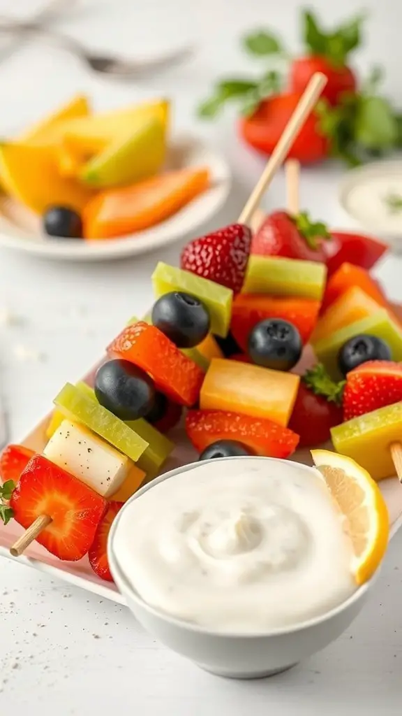 Colorful fruit skewers with a yogurt dip on a table