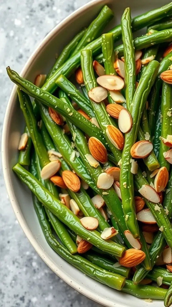 27+ Must-Have Dishes for the Ultimate Thanksgiving Spread 2 A bowl of green beans topped with sliced almonds.