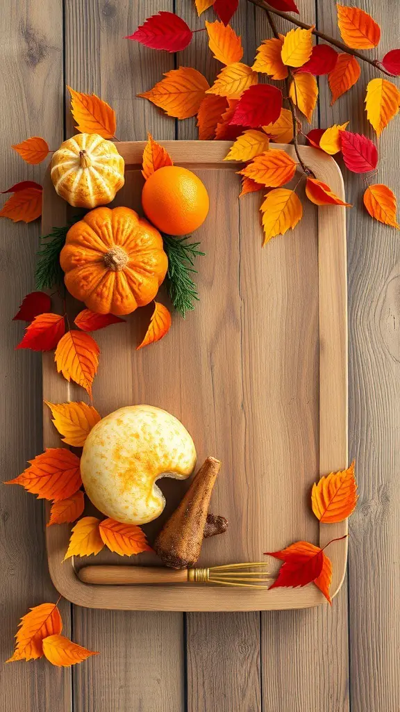 A handcrafted wooden serving tray with pumpkins and autumn leaves arranged on it.