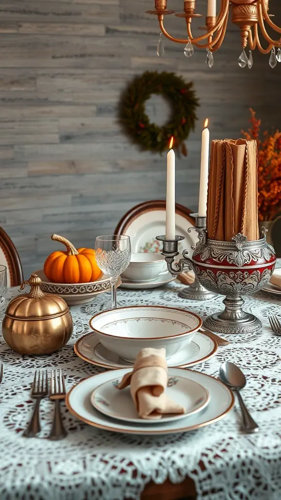 A beautifully set Thanksgiving table featuring vintage china, silverware, and seasonal decorations.