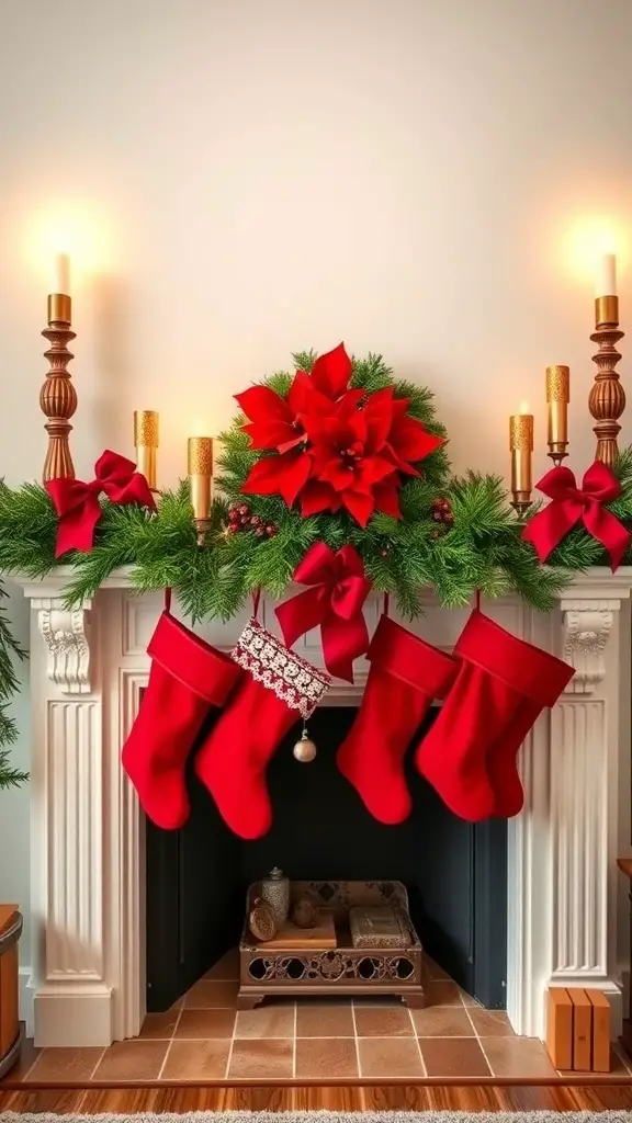 29+ Creative Christmas Mantel Decorating Ideas to Inspire Your Holiday Spirit 4 A traditional Christmas mantel decorated with red and green elements, including stockings, a garland, and candles.