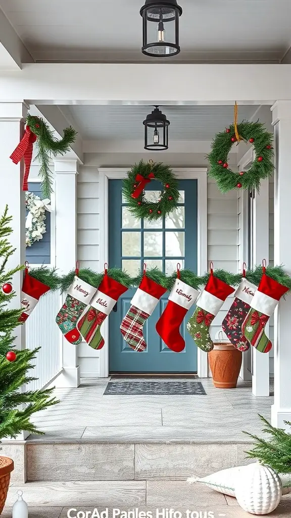 A back porch decorated for Christmas with hanging stockings and wreaths.