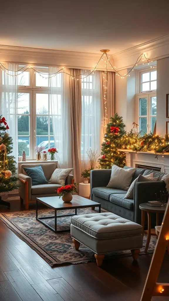 A cozy living room decorated for Christmas with twinkling fairy lights and Christmas trees.
